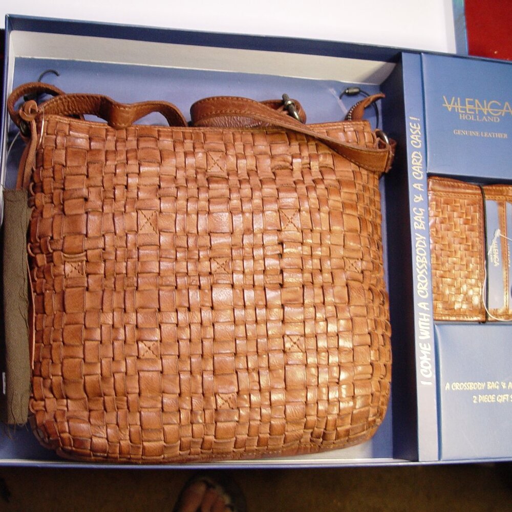 VILENCA Holland woven Cognac Brown Crossbody handbag & Card Case Set leather